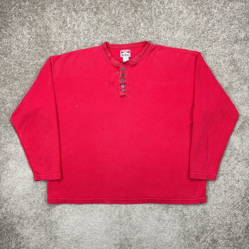 Vintage 90s Marlboro Unlimited Red‎ Waffle Knit Long Sleeve Henley Shirt XXL